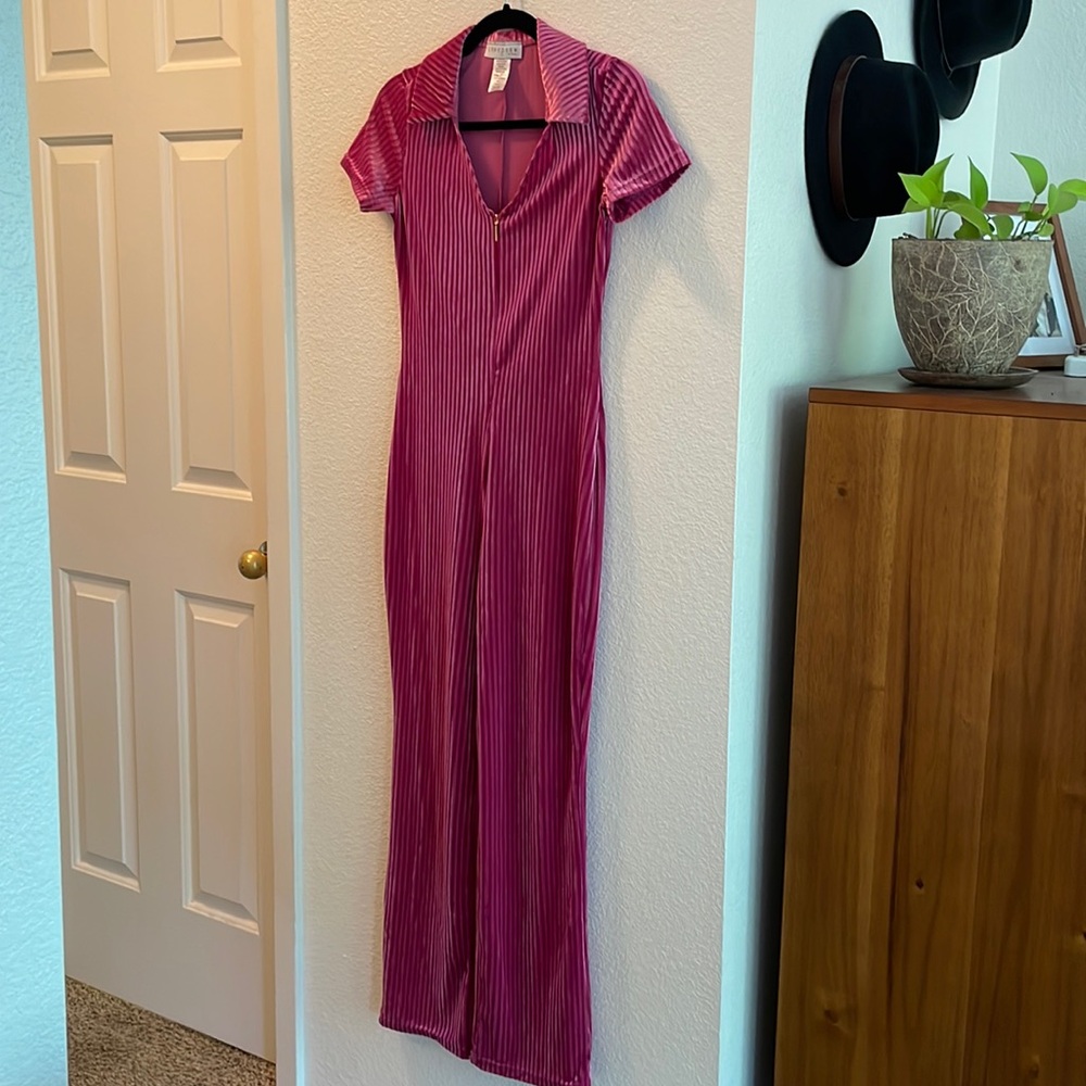 Pink Velour Collared Jumpsuit